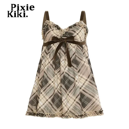 PixieKiki Brown Plaid Tank Tops for Women Gyaru Japanese 2000s Y2k Summer Bow Frill V Neck Backless Top Cute Clothing P84-EF20