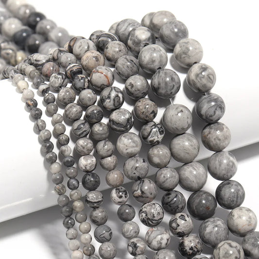 Factory Price Natural Stone Gray Picasso Map Jaspers Round Beads 16" Strand 6 8 10 MM Pick Size for Jewelry Making Diy Handmade