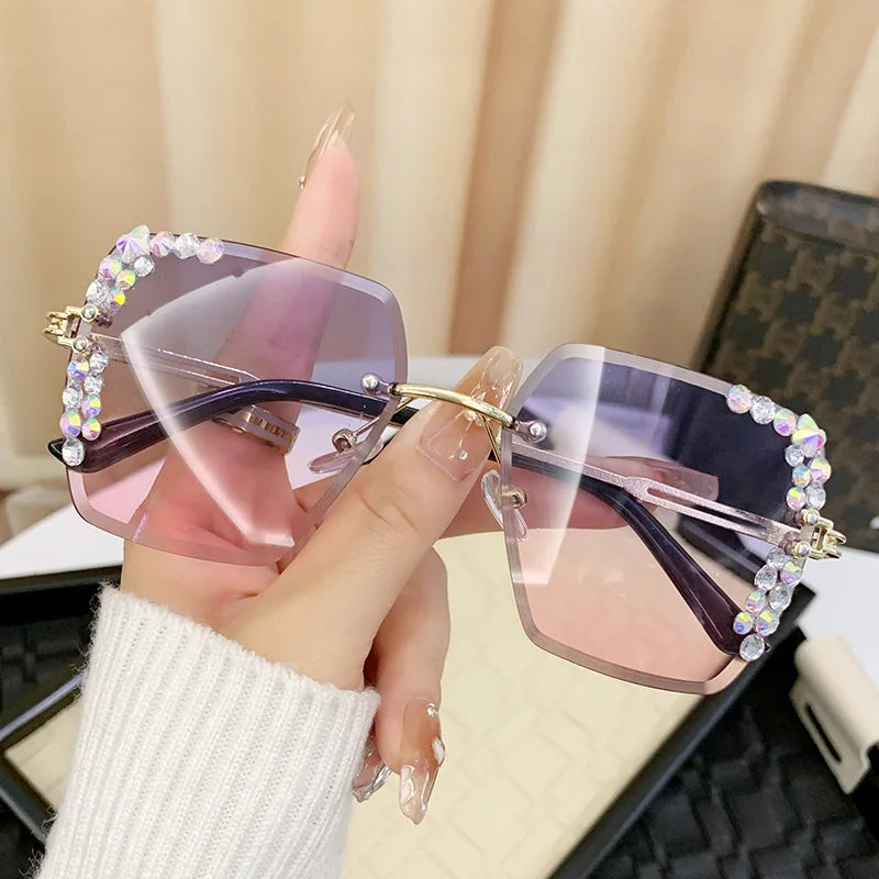 1 pair of fashionable women's square frameless gradient lens glasses with crystal decoration and metal material