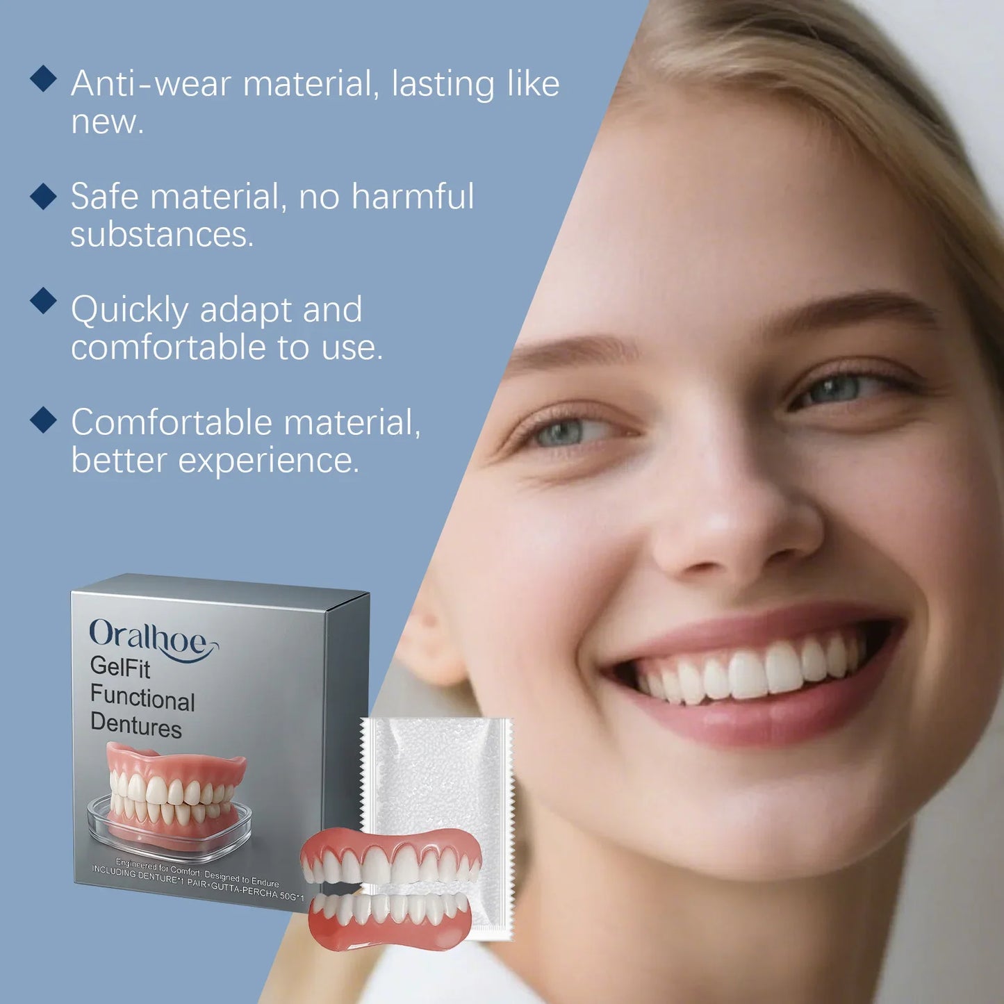 Silicone Dentures  Full Set Soft Safety Easy to Use Perfect Fit Oral Improve Tooth Loss Broken Temporary Denture Kit CK848-LJX