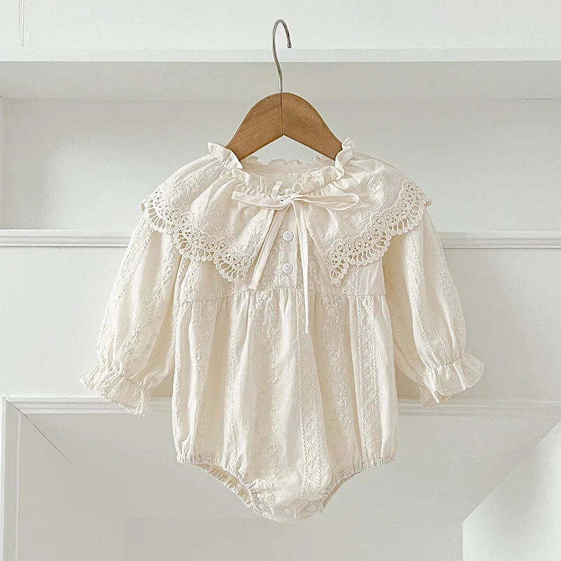 0-2Yrs Newborn Bodysuit Spring Autumn Clothes Baby Romper Lapel Collar Princess Bow Romper Long Sleeves Infant Girl Jumpsuit