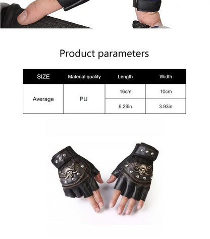 Pirate Captain PU Leather Fingerless Gloves Men Women Skulls Rivet Mitts Hip Hop Gym Gloves Female Moto Half Finger Gloves