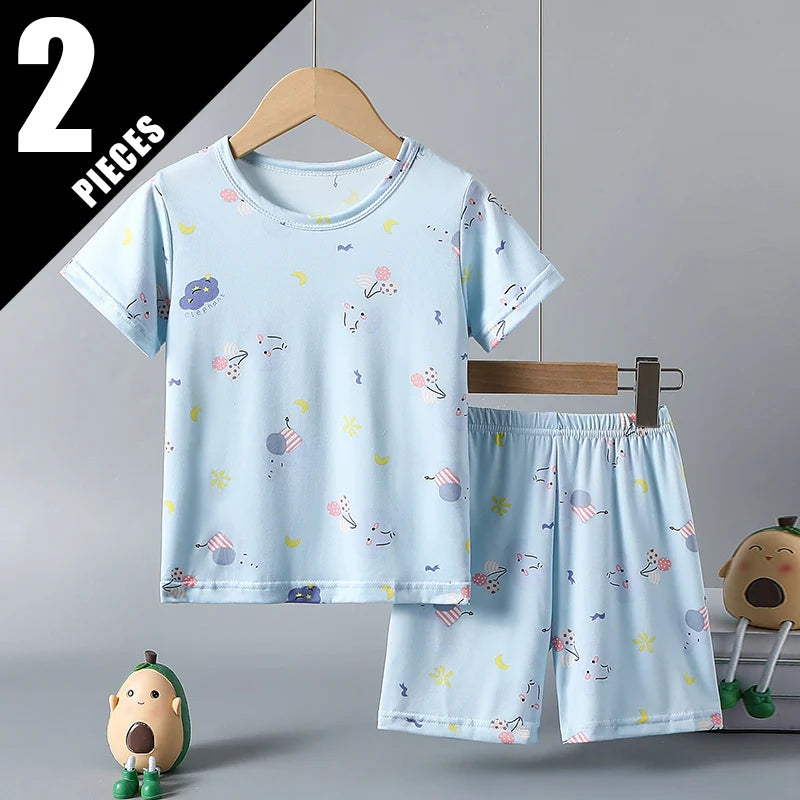 2-piece children's summer cute cartoon printed short sleeved shorts set for boys and girls casual and comfortable T-shirt shorts