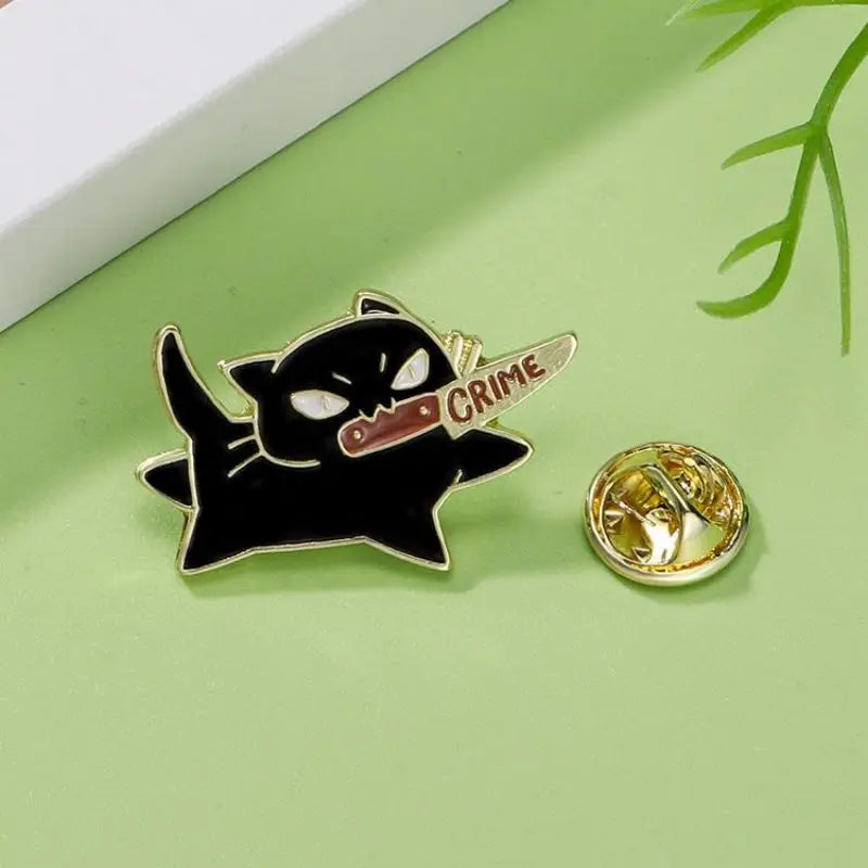 1pc Cute Cartoon Black Cat Enamel Brooch Creative Animal With A Knife In Mouth Lapel Pin Badge Backpack Clothing Hat Accessories