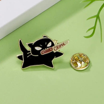 1pc Cute Cartoon Black Cat Enamel Brooch Creative Animal With A Knife In Mouth Lapel Pin Badge Backpack Clothing Hat Accessories