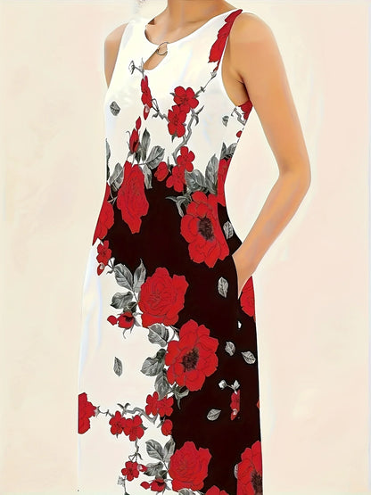 Large size European and American printed sleeveless temperament long dress for women, retro long dress