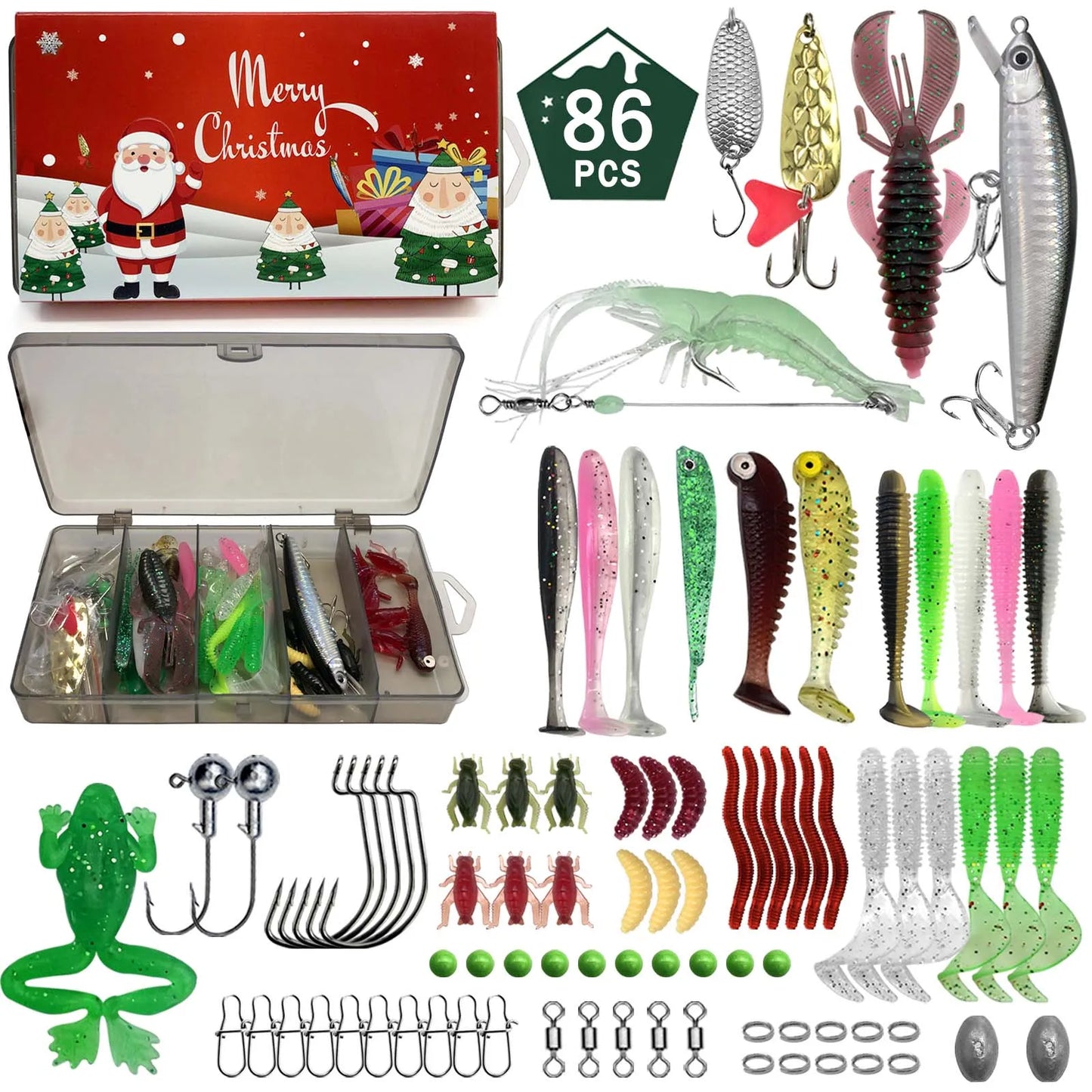 411/366/136/86Pcs of Christmas fishing lure set with storage box,  which is common in salt water and fresh water