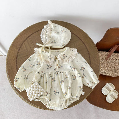 2025 Spring Newborn Infant Baby Girls Romper+Hat 2PCS Lapel Floral Rompers Kids Fashion Baby Clothing Newborn Baby Girl Jumpsuit