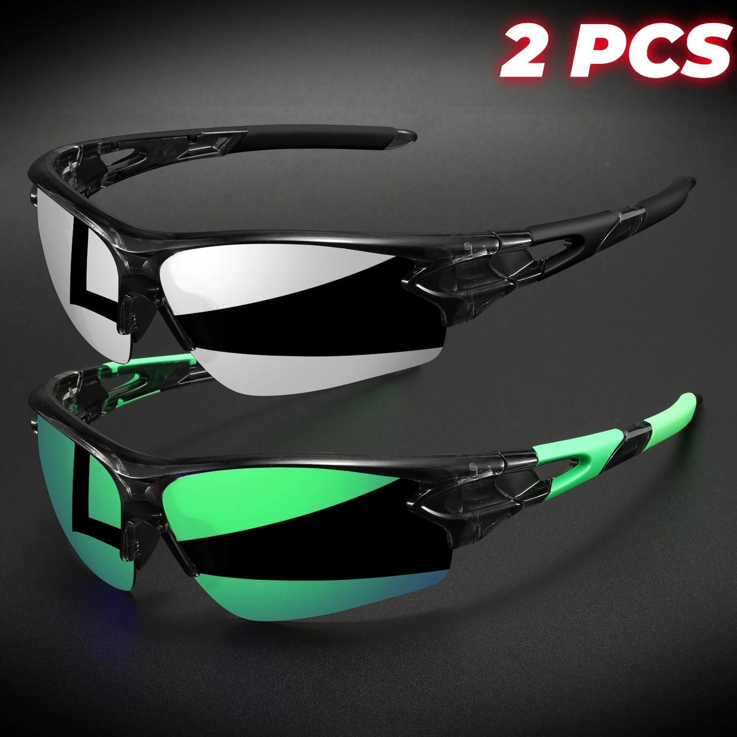 2PCS New Wraparound Sports Sunglasses Semi-Rimless Lightweight for Cycling Hiking Daily Unisex UV400 Anti-Fog Outdoor Eyewear