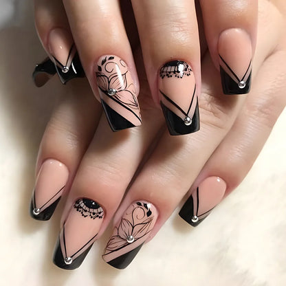 24pcs/set short square fake nails for women girls faux ongles fashion glitter geometric flowers design press on false nail kit