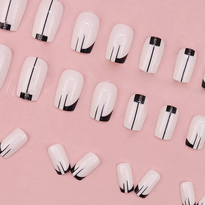 24pcs/set short square fake nails for women girls faux ongles fashion glitter geometric flowers design press on false nail kit