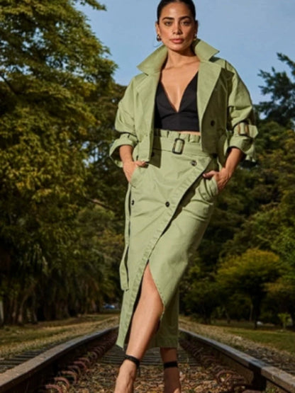 Fashion Two Piece Sets Outfits Office Lady Tracksuit Street Wear Cargo Set Long Sleeve Jacket and Wrap High Split Skirts Suit