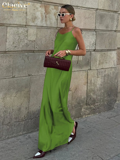 Clacive Fashion Loose Brown Satin Womens Dresses 2025 Summer Strap Sleeveless Floor Length Dress Sexy Backless Female Dress