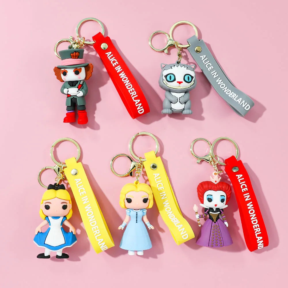 Alice in Wonderland Silicone Keychain Lovely 3D Anime Film Figure Key Chain Keyrings Backpack Bag Car Accessories Gift