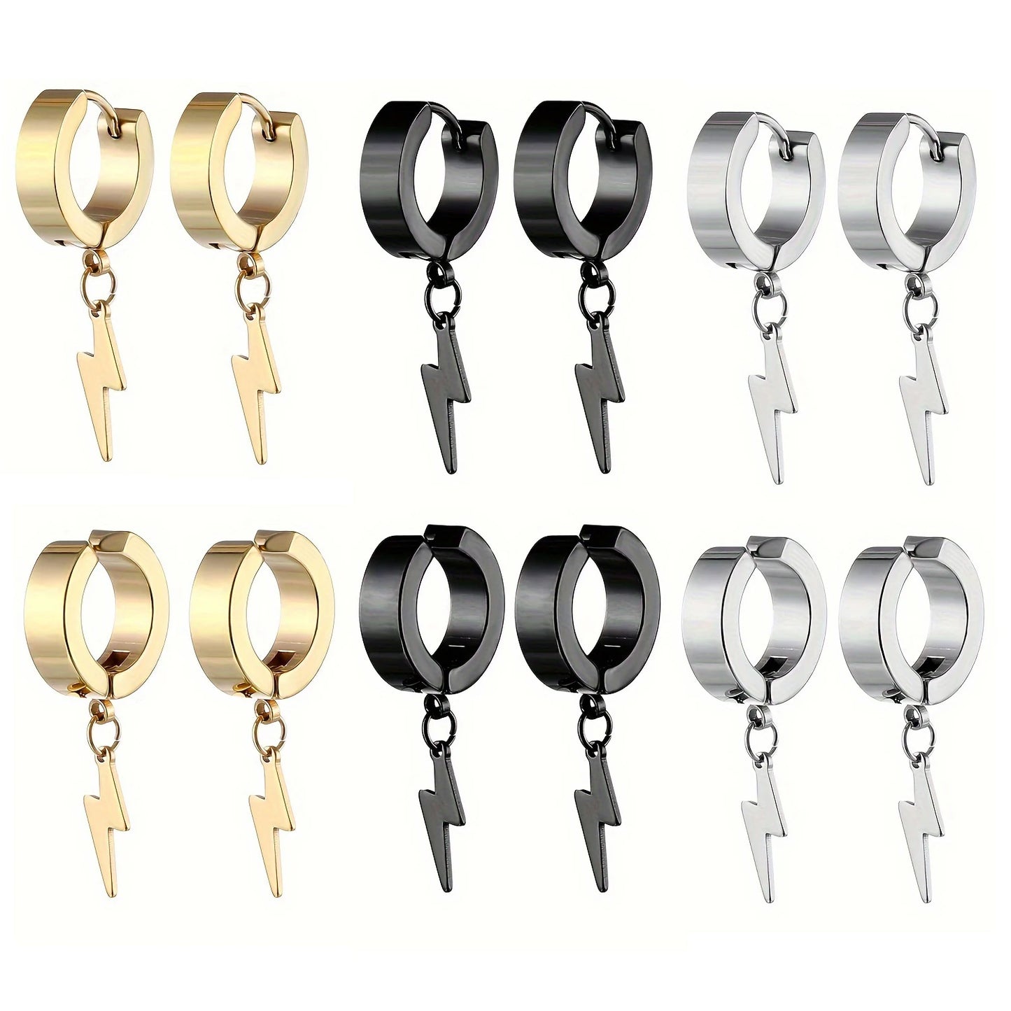 1pair Stylish Stainless Steel Lightning Pendant Piercing Hoop Earrings Ear Clip for Men Women Bold and Eye-Catching Statement