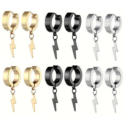 1pair Stylish Stainless Steel Lightning Pendant Piercing Hoop Earrings Ear Clip for Men Women Bold and Eye-Catching Statement
