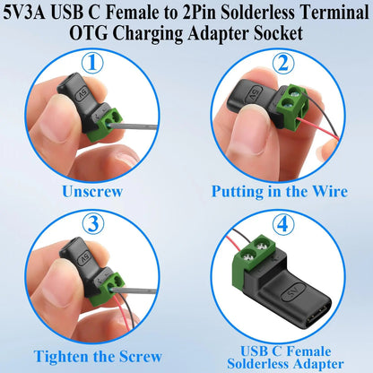 1-4Pcs Solderless Plug USB C to 2Pin Terminal Adapter Screw 5V Crimp Terminal Block Green Type-C to 2 Pin Charging Connector