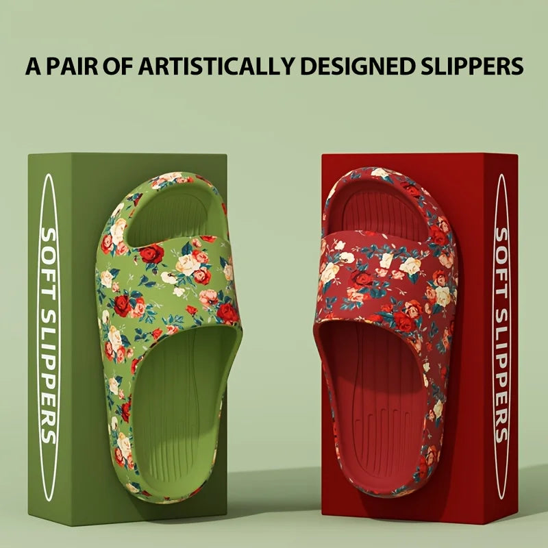 Women Men Floral Slide Sandals Plus Size Soft Slippers Thick Sole Non Slip Beach Shoes Casual Summer Indoor Outdoor Footwear