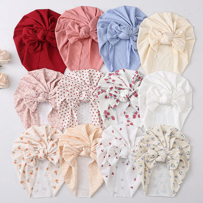 3Pcs/Lot Baby Boys Girls Flower Print Baby India Turban Hats Sweet Hair Bows Topknotted Caps Beanies Ins Bear Heart Headwraps