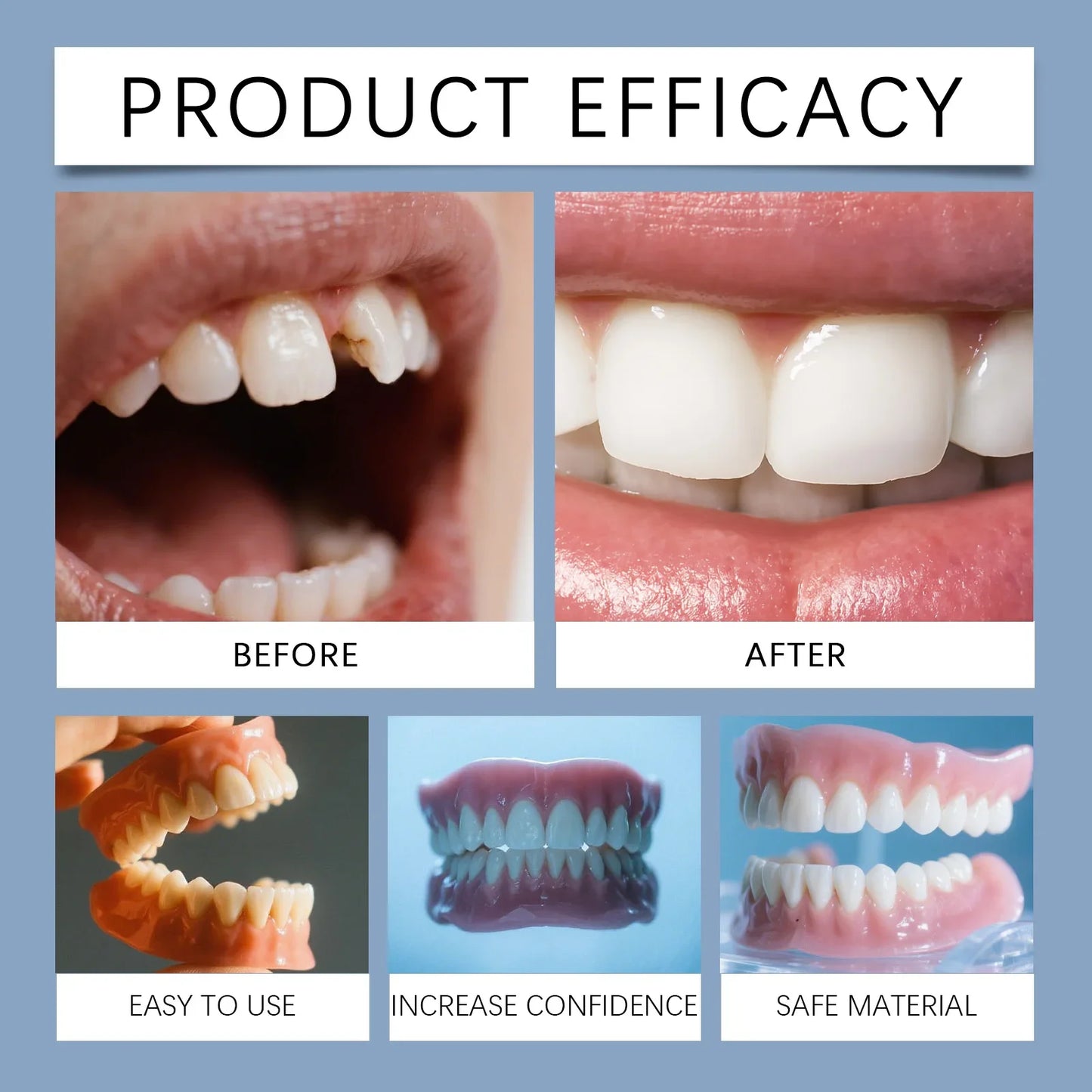 Silicone Dentures  Full Set Soft Safety Easy to Use Perfect Fit Oral Improve Tooth Loss Broken Temporary Denture Kit CK848-LJX