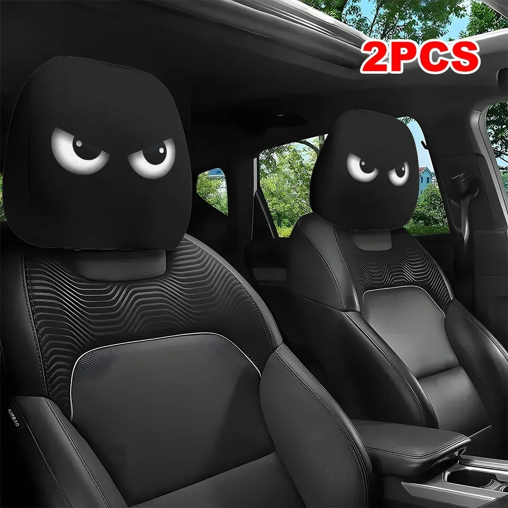 2PCS Funny Slanted Eyes Car Headrest Covers, Cartoon Face Elastic Protector for Halloween Christmas, Holiday Auto Decor