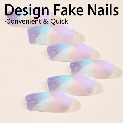 24pcs/set short square fake nails for women girls faux ongles fashion glitter geometric flowers design press on false nail kit