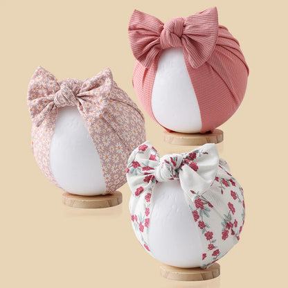 3Pcs/Lot Baby Boys Girls Flower Print Baby India Turban Hats Sweet Hair Bows Topknotted Caps Beanies Ins Bear Heart Headwraps