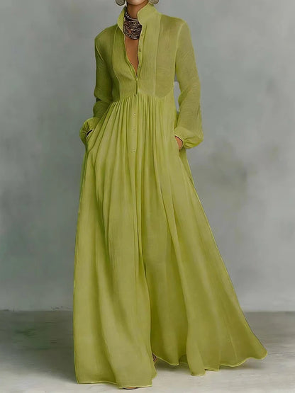 Elegant Stand Collar Long Sleeve Party Dress, Women 2026 New Spring Solid Casual Dresses, Single Breasted Ladies Pocket Dresses