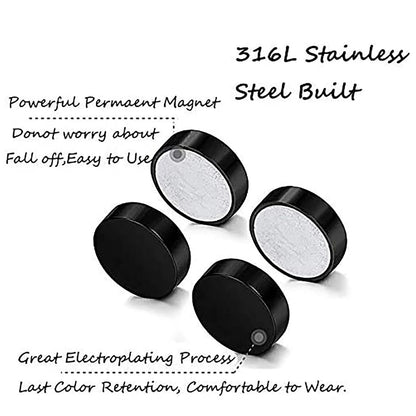 1 Pair 6-12mm Black Stainless Steel Hypoallergenic Magnetic Fake Gauges Earring Studs for Men Women Non Pierced Earrings