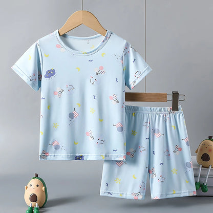 2-piece children's summer cute cartoon printed short sleeved shorts set for boys and girls casual and comfortable T-shirt shorts