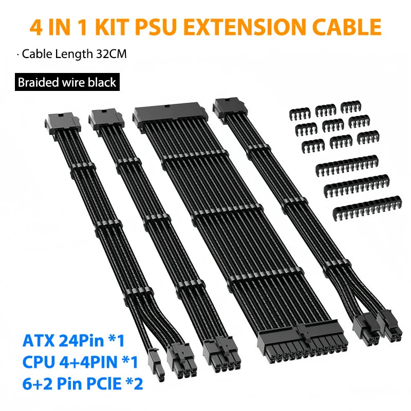 PSU Extension Cable Motherboard Cable 24Pin ATX/8Pin EPS/6+2Pin PCIe,18AWG Sleeved with Combs,Fit Universal Case Compatibility