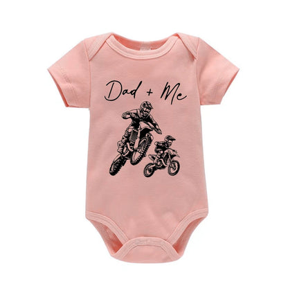 "Dad + Me" Cartoon Motorcycle Print Short Sleeve Newborn Baby Bodysuit Toddler & Infant Boy's Onesie for Summer Clothing
