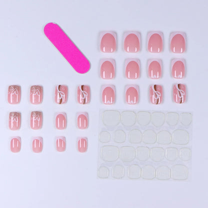 24PCS nude pink short square fake nails, Gold lines, love design, full cover fake nail set, 1 nail file and 1 nail glue sticker