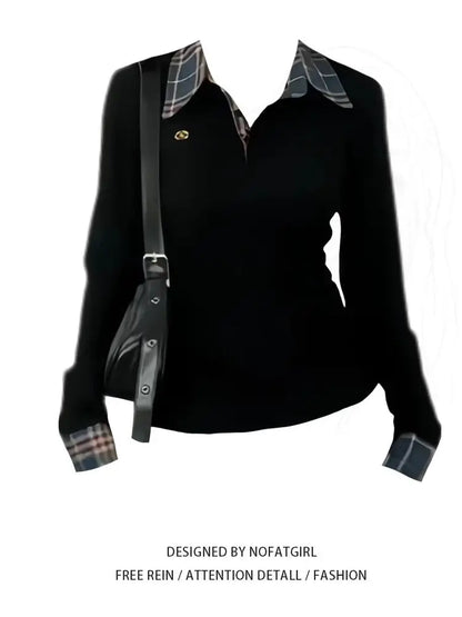 American POLO Collar Checkered Long-sleeved T-shirt Women Spring Fall New Slim Fit Embroidered Elegant Fake Two-piece Top