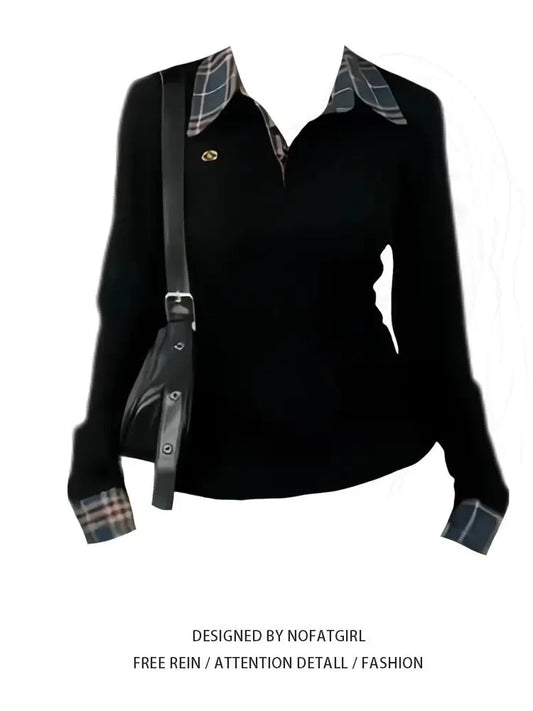 American POLO Collar Checkered Long-sleeved T-shirt Women Spring Fall New Slim Fit Embroidered Elegant Fake Two-piece Top