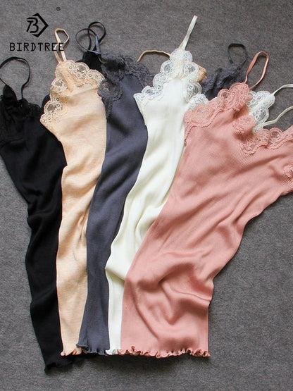 Birdtree 70% Silk 30% Cotton Lace Camisole Women Knit Tank Top Spaghetti Strap Elastic Slim Basic Sleepwear Vest Summer T35701C