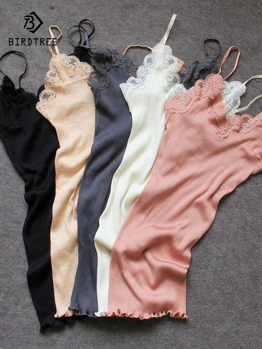 Birdtree 70% Silk 30% Cotton Lace Camisole Women Knit Tank Top Spaghetti Strap Elastic Slim Basic Sleepwear Vest Summer T35701C