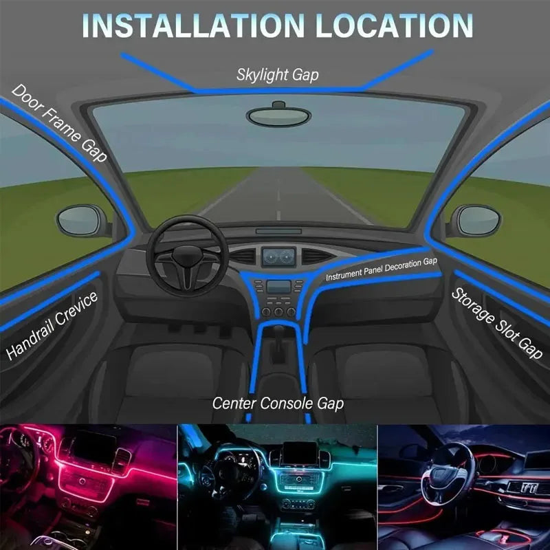 Car Interior Atmosphere Light, RGB LED Light Strip Neon Invisible Light USB Fiber Optic Ambient Lamp Support APP Control