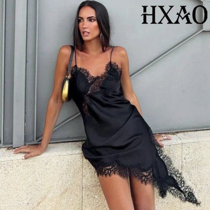 HXAO Slip Womens Dresses Sleeveless Black Lace Dress Woman Asymmetrical Elegant Party Dresses Sexy Backless Satin Yellow Dress