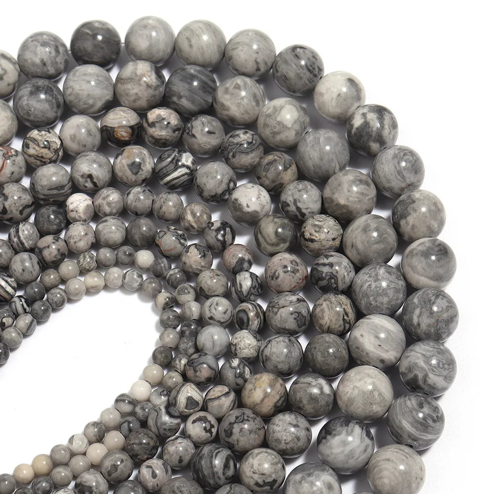 Factory Price Natural Stone Gray Picasso Map Jaspers Round Beads 16" Strand 6 8 10 MM Pick Size for Jewelry Making Diy Handmade