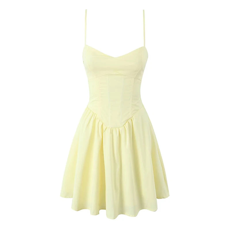 YENKYE Sexy Elegant Women Fishbone Waist Shaping Sling Mini Dress Lace Up Back Fit And Flare  Summer Party Dresses Yellow Robe