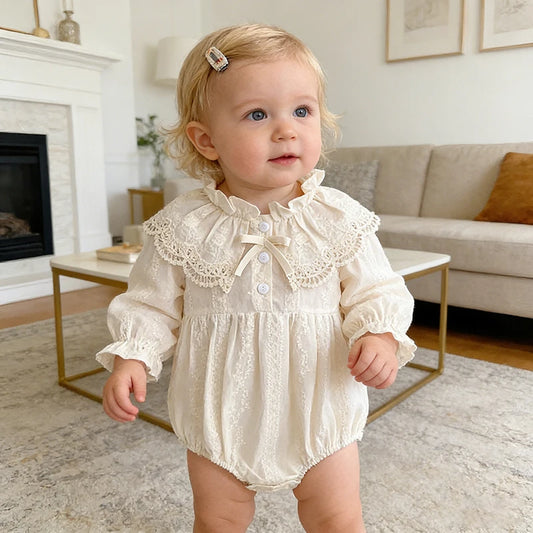 0-2Yrs Newborn Bodysuit Spring Autumn Clothes Baby Romper Lapel Collar Princess Bow Romper Long Sleeves Infant Girl Jumpsuit