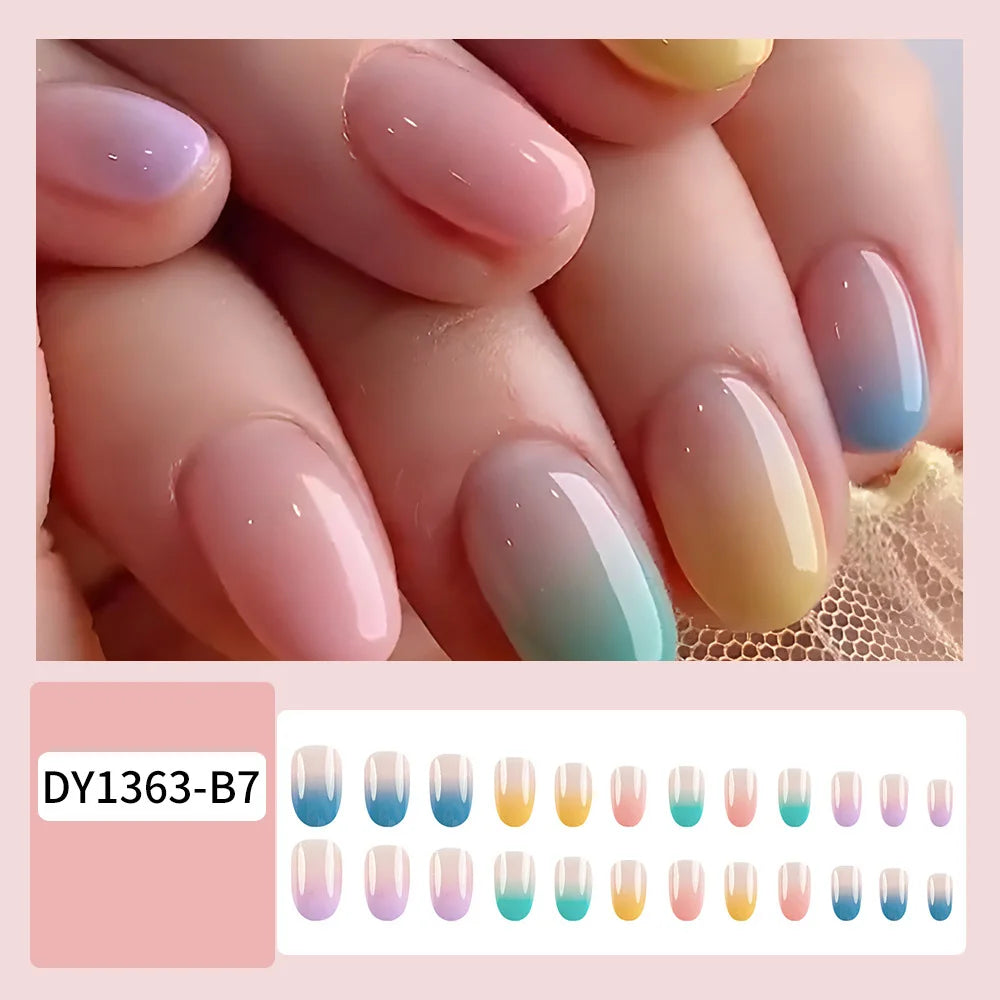 24pcs/set short square fake nails for women girls faux ongles fashion glitter geometric flowers design press on false nail kit