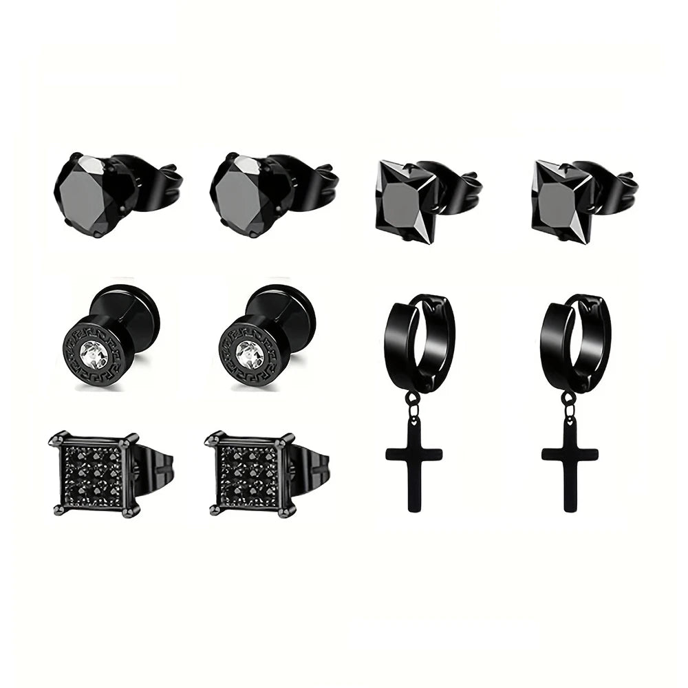 1-5 Pairs Stainless Steel Earrings Cross Dangle Hinged Earrings, Cubic Zirconia Stud Earrings For Men, Ear Piercing Jewelry