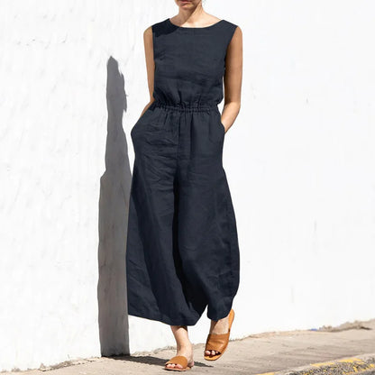 Cotton And Linen Jumpsuit Women Solid Color Sleeveless Pocket High Waist Wide Legs Jumpsuits Casual Commuting Ladies Bodysuits