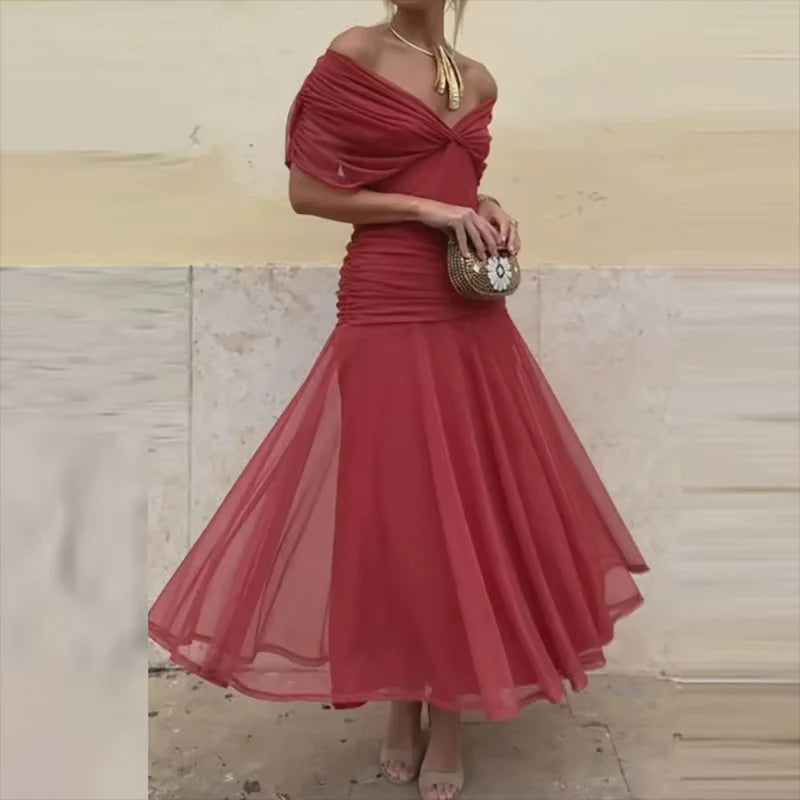 2025 Floral Print High Waist Pleat Party Dress Elegant Women Bat Sleeve Swing Party Dress Female Chest Low Cocktail A-Line Dress