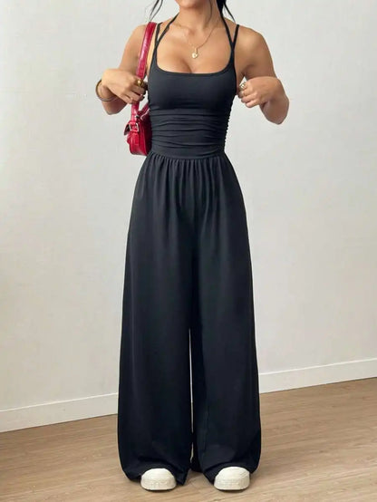 Women's Summer Black Casual Pleated Loose Straight-Leg Jumpsuit, Adjustable Halter Neck Tie