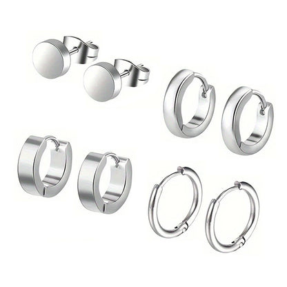 Stylish Men's 4-Pair Earring Set - Black Stainless Steel Studs & Hoops, Durable, Versatile & Allergy-Free
