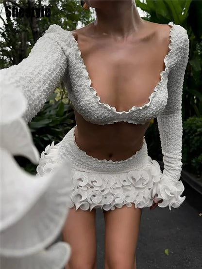 Shestyle Texture White Women 2 Piece Sets Autumn Ruffles Super Short Crop Tops V Neck Sheath Skirts Brand Design Party Outfits