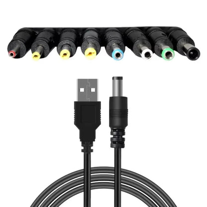 Universal Power Cable USB to DC 5.5 * 2.1mm Jack 5V Charging Cord with 8 Selectable Connector Tips for CCTV Cameras TV Box